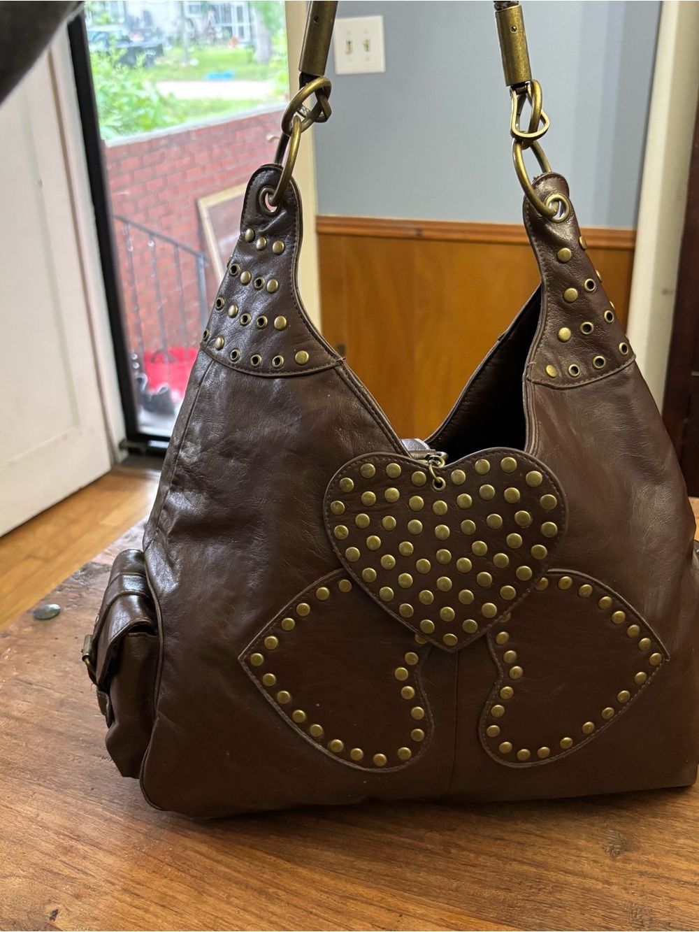 Vintage Heart-Studded Brown Hobo Bag - Picture 2 of 6